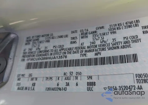 2017 Ford Escape Se from USA, damaged, VIN 1FMCU0G99HUA13576